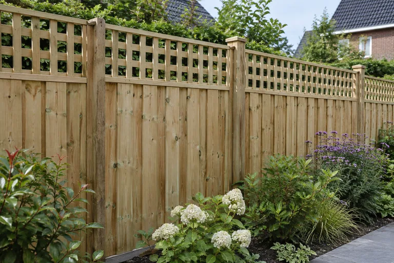 Houten schutting met een open trellisstrook erboven.