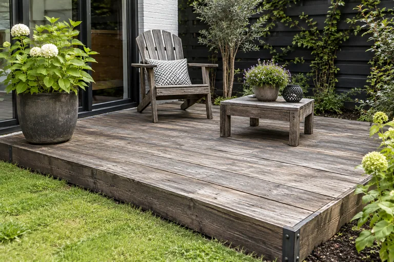 Verweerd houten terras met stalen randbeslag bij een woning.