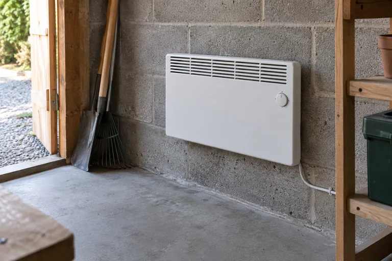 Witte elektrische convector met thermostaatknop tegen een gemetselde schuurwand.