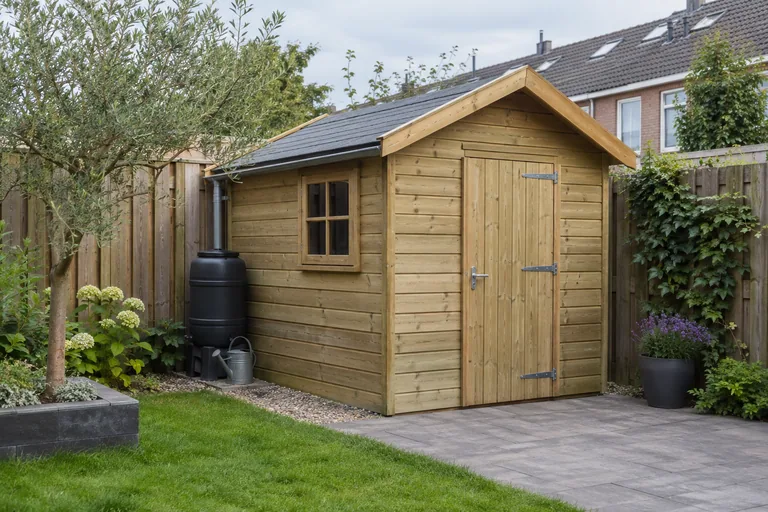 Houten tuinhuis met zadeldak en regenton in een achtertuin.