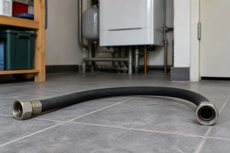 Losse zwarte vulslang met twee metalen schroefkoppelingen op een tegelvloer.