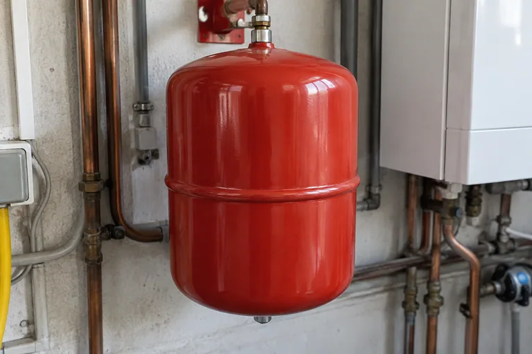 Rood expansievat met een gesloten behuizing aan een leiding.