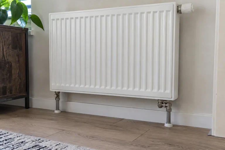 Onderkant van een witte paneelradiator en de leidingen naar de vloer.