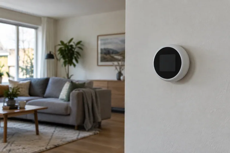 Ronde kamerthermostaat met donker scherm op een witte wand.