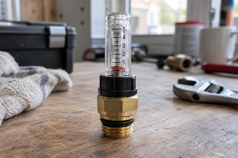 Transparante debietmeter met schaalverdeling op een verdeler.