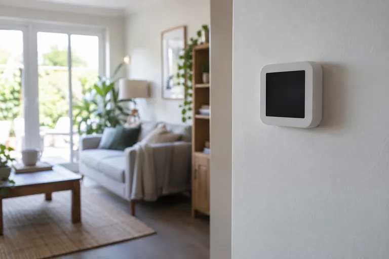 Witte digitale kamerthermostaat met donker scherm aan een wand.