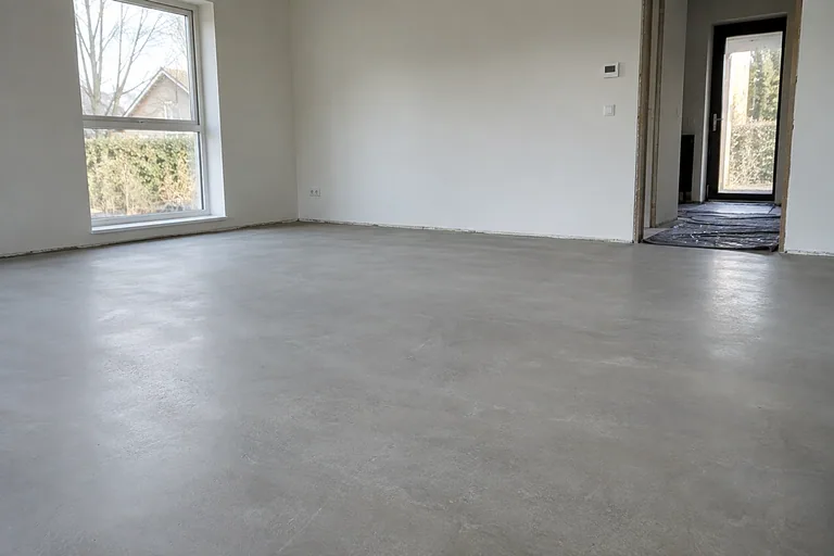 Kale dekvloer in een lege ruimte tijdens een verbouwing.
