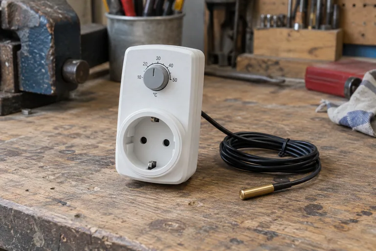 Witte pompschakelaar met stopcontact, temperatuurknop en losse voeler.