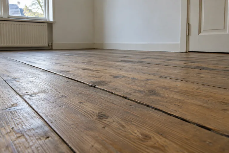 Oude houten plankenvloer met een ongelijke aansluiting tussen enkele planken.