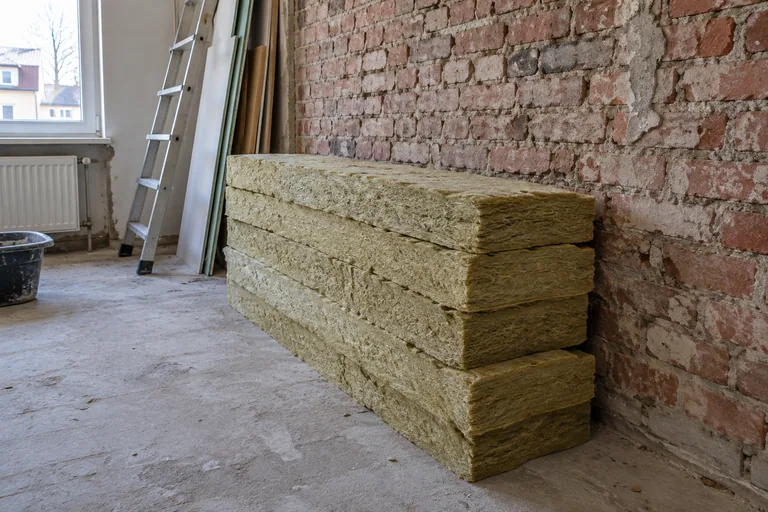 Losse platen minerale wol voor een oude bakstenen binnenmuur.