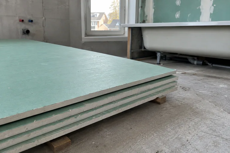 Groene gipsplaten op houten steunen in een badkamer tijdens verbouwing.