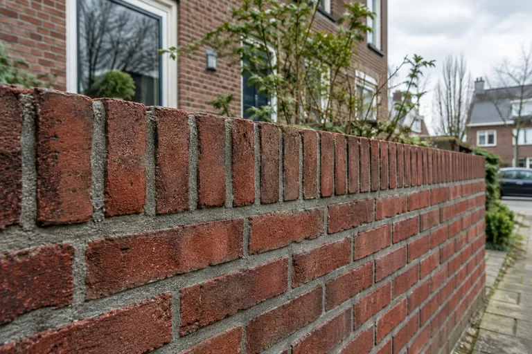 Rollaag van rechtop gemetselde bakstenen boven op een tuinmuur.