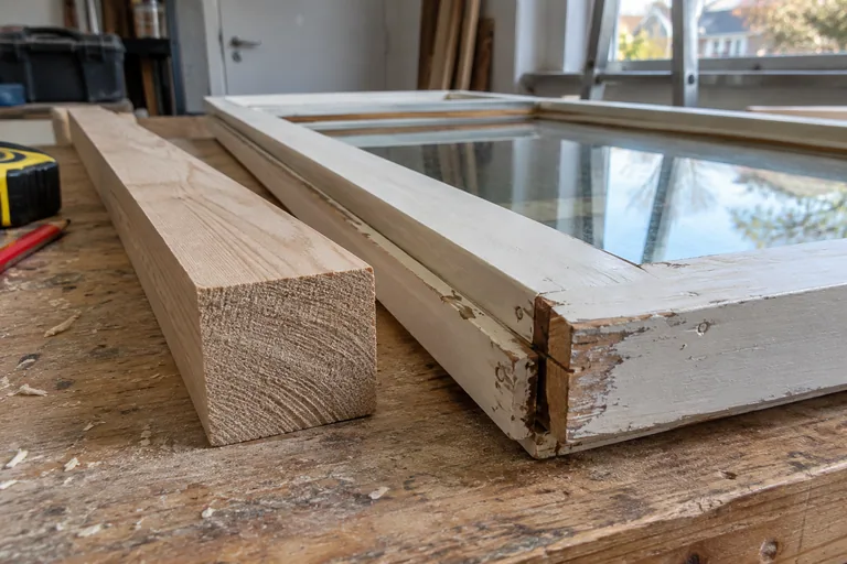 Houten balk naast een oud houten raamkozijn op een werkbank.