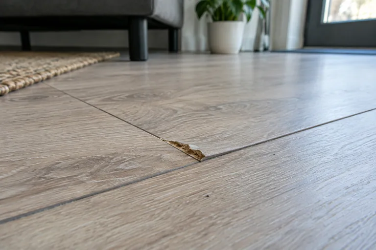 Beschadigde toplaag bij de rand van een laminaatplank.