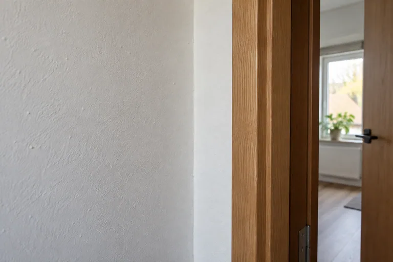 Witte gepleisterde wand naast een houten deurkozijn.
