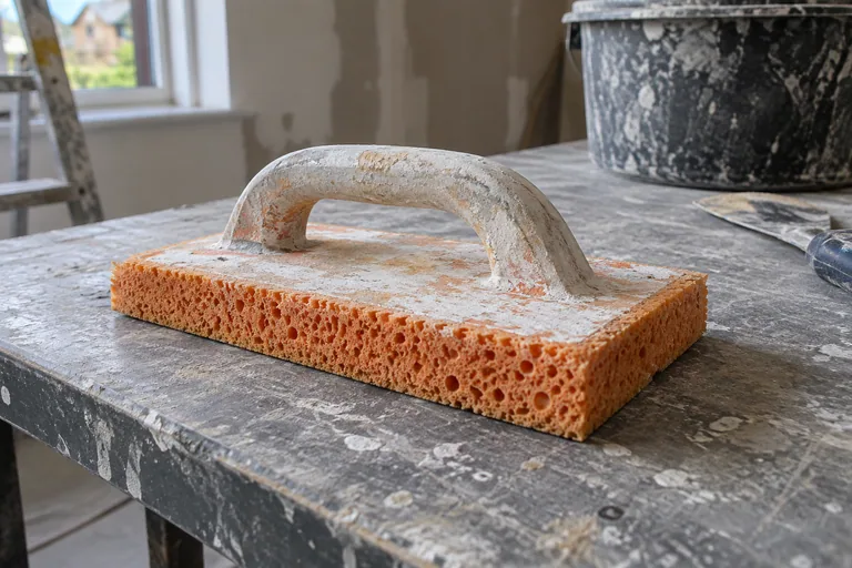 Oranje sponsbord met handvat op een werkbank.