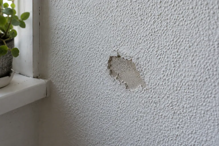 Beschadigde plek in witte spachtelputz naast een raam.