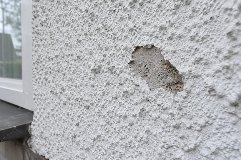 Beschadigde plek in een grove witte sierpleisterwand.
