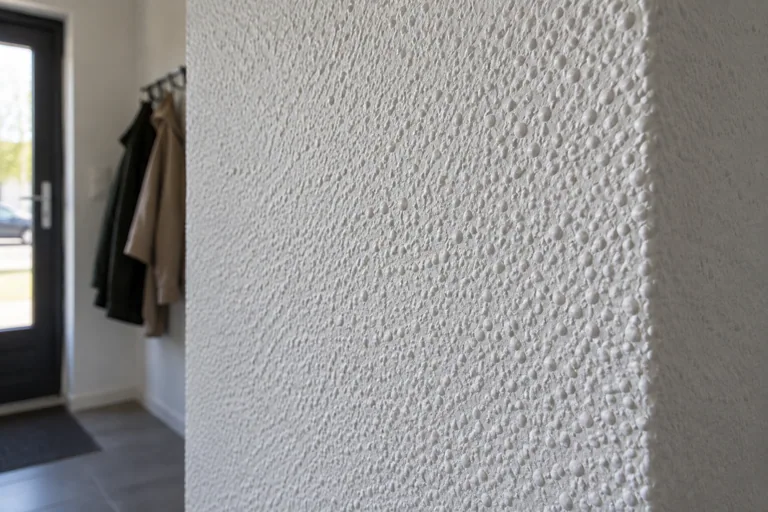 Grove witte structuur op een binnenmuur, van dichtbij gezien.