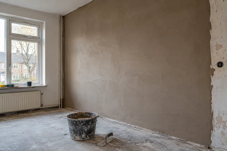 Pas gepleisterde muur met kuip en pleisterspaan op de vloer.