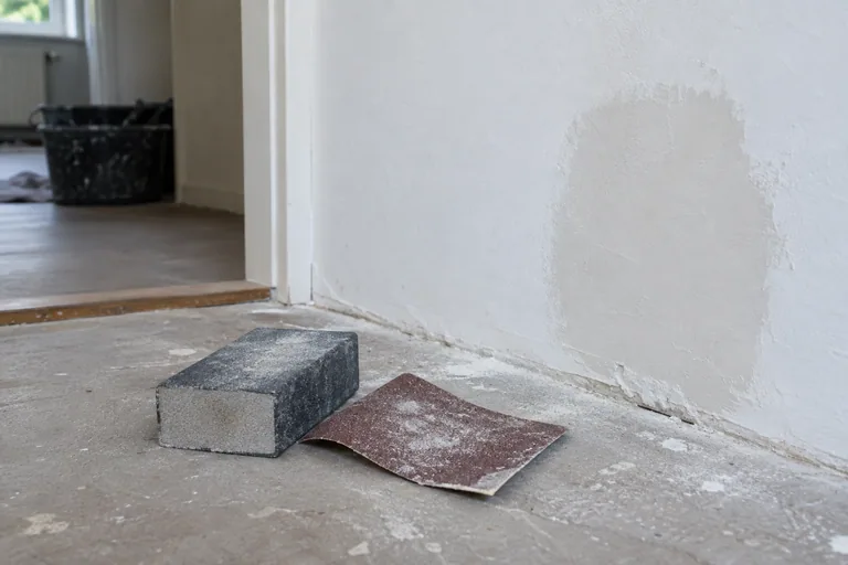 Schuurblok en schuurpapier naast een plaatselijk bijgewerkte muur.
