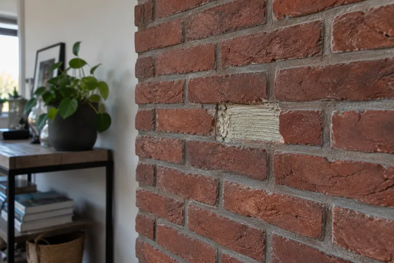 Ontbrekende steenstrip met lijmribbels op de ondergrond.