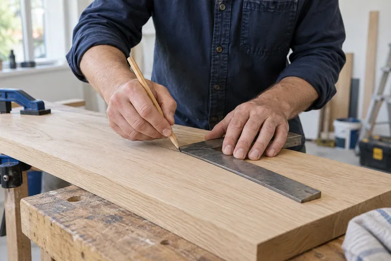 Handen die met een potlood en winkelhaak een houten plank aftekenen.