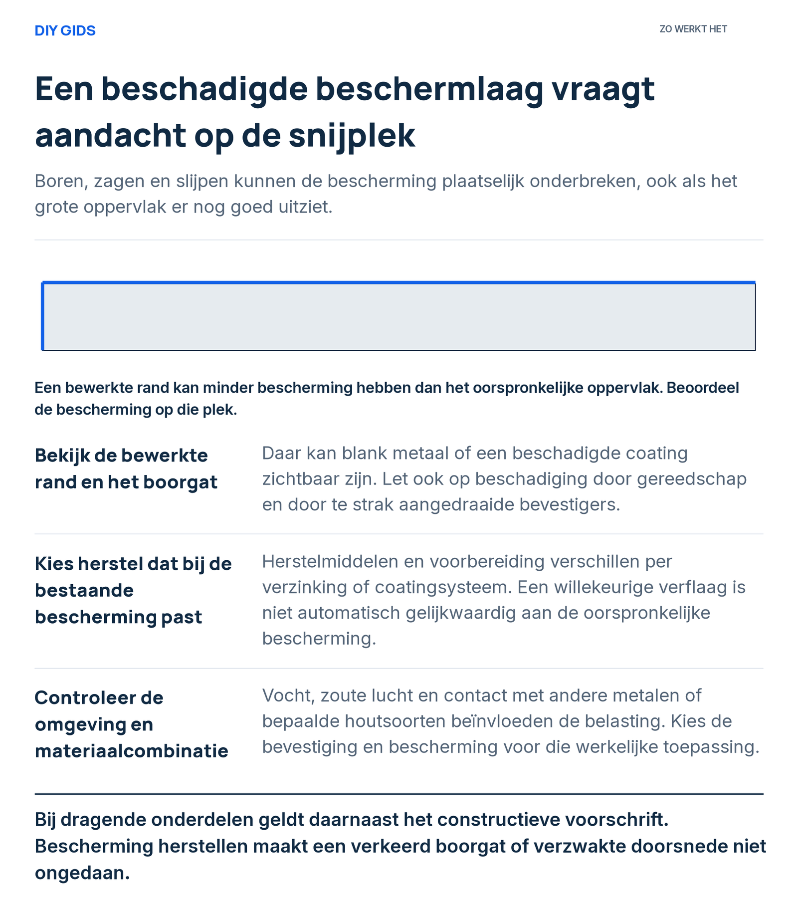 Uitlegschema: bekijk de bewerkte rand en het boorgat; kies herstel dat bij de bestaande bescherming past; controleer de omgeving en materiaalcombinatie.