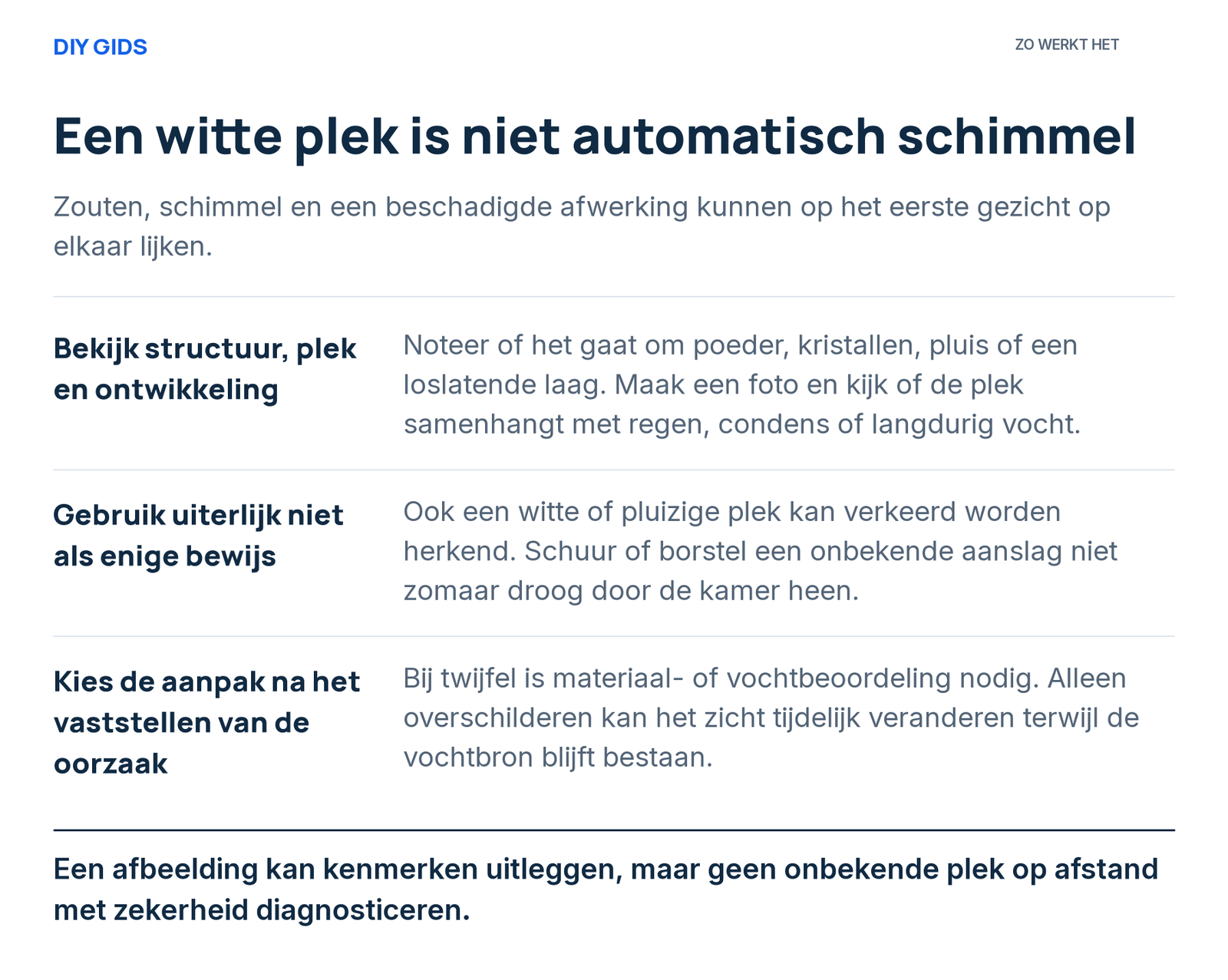 Uitlegschema: bekijk structuur, plek en ontwikkeling; gebruik uiterlijk niet als enige bewijs; kies de aanpak na het vaststellen van de oorzaak.