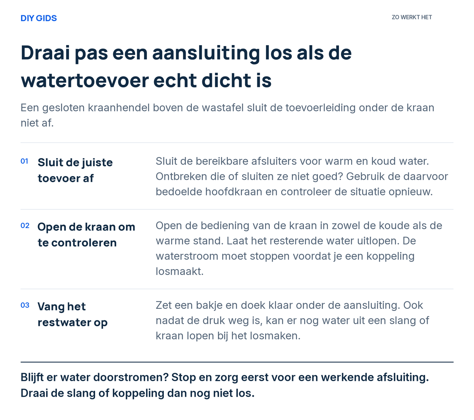 Stappenoverzicht: sluit de juiste toevoer af; open de kraan om te controleren; vang het restwater op.