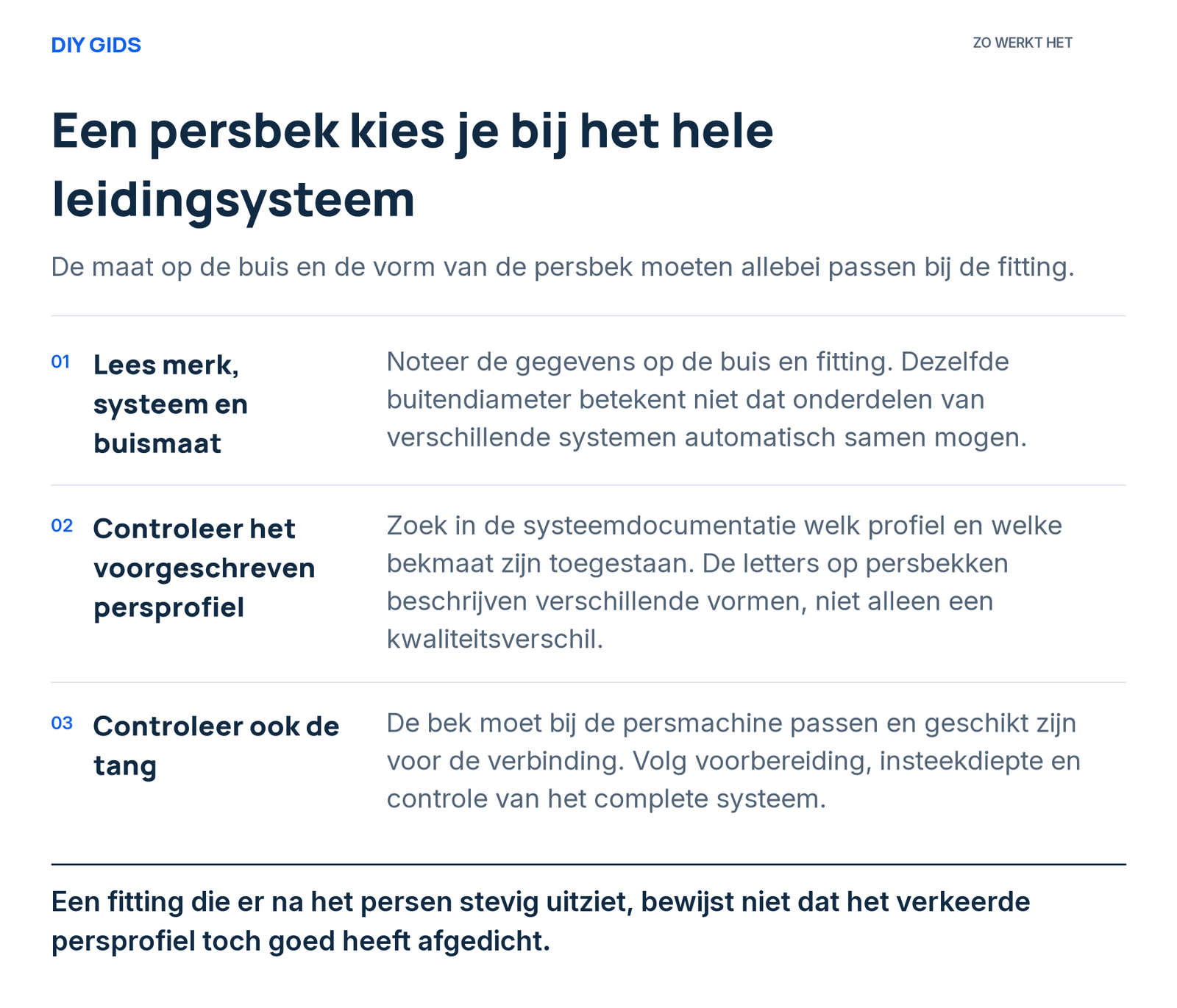 Stappenoverzicht: lees merk, systeem en buismaat; controleer het voorgeschreven persprofiel; controleer ook de tang.