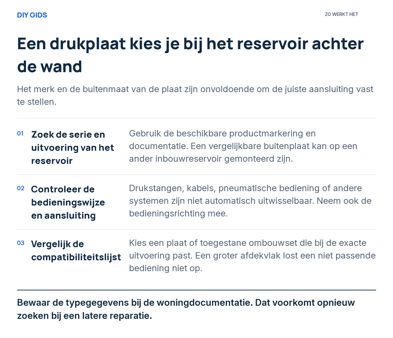 Stappenoverzicht: zoek de serie en uitvoering van het reservoir; controleer de bedieningswijze en aansluiting; vergelijk de compatibiliteitslijst.