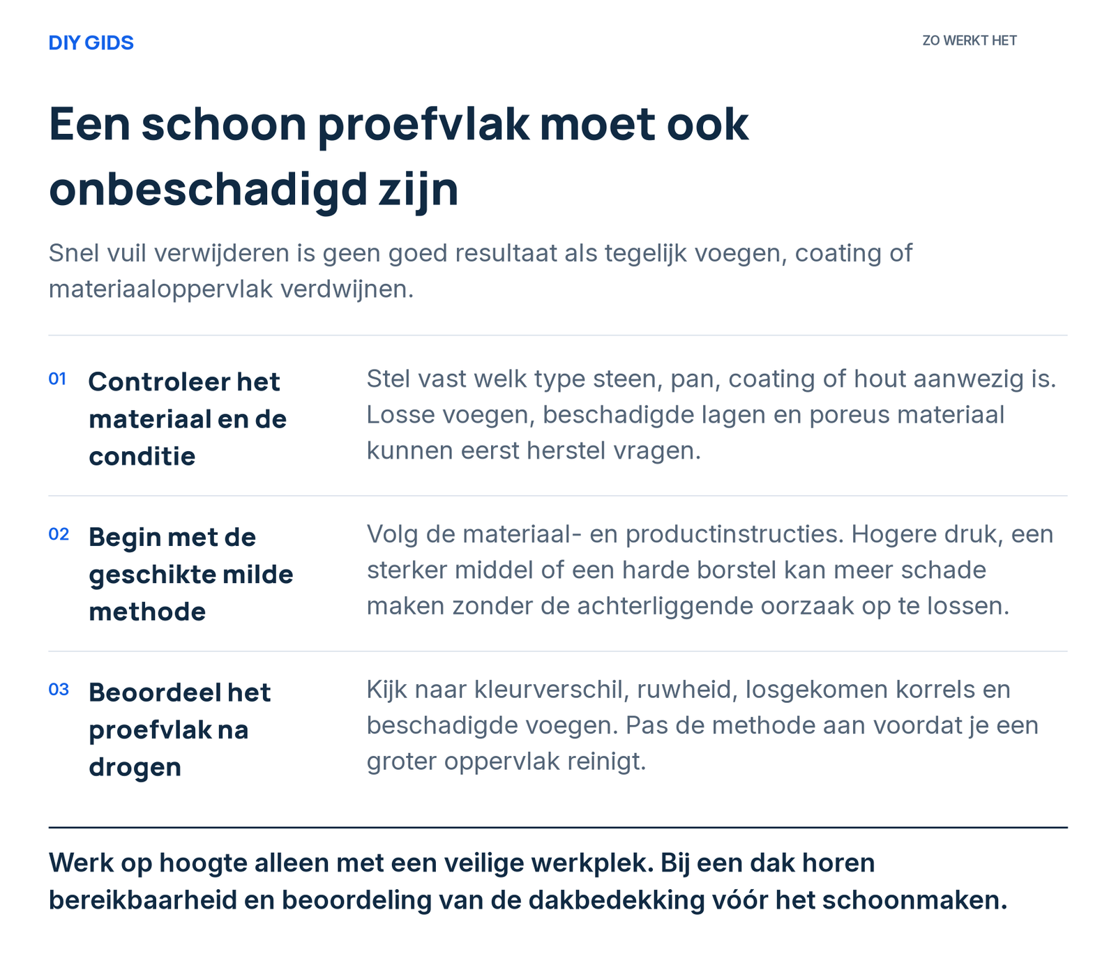 Stappenoverzicht: controleer het materiaal en de conditie; begin met de geschikte milde methode; beoordeel het proefvlak na drogen.