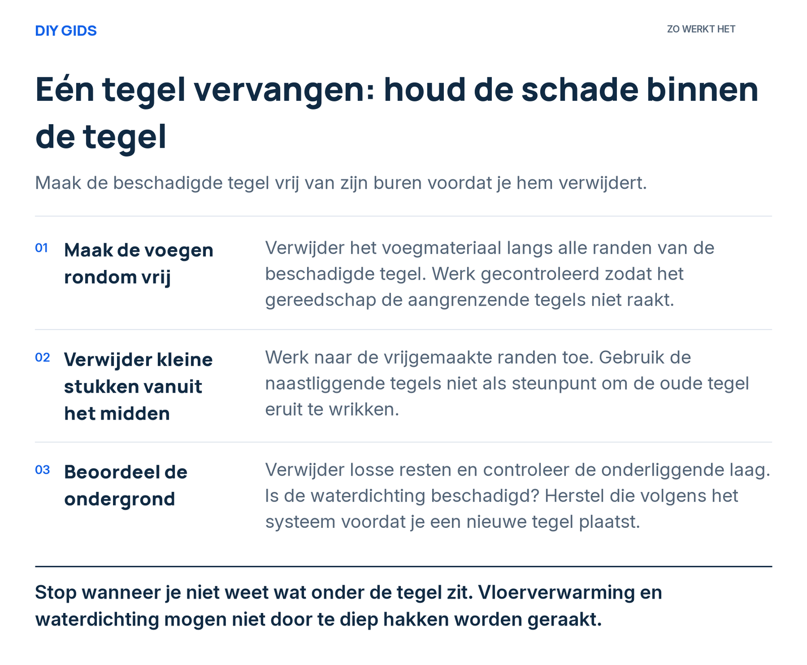 Stappenoverzicht: maak de voegen rondom vrij; verwijder kleine stukken vanuit het midden; beoordeel de ondergrond.