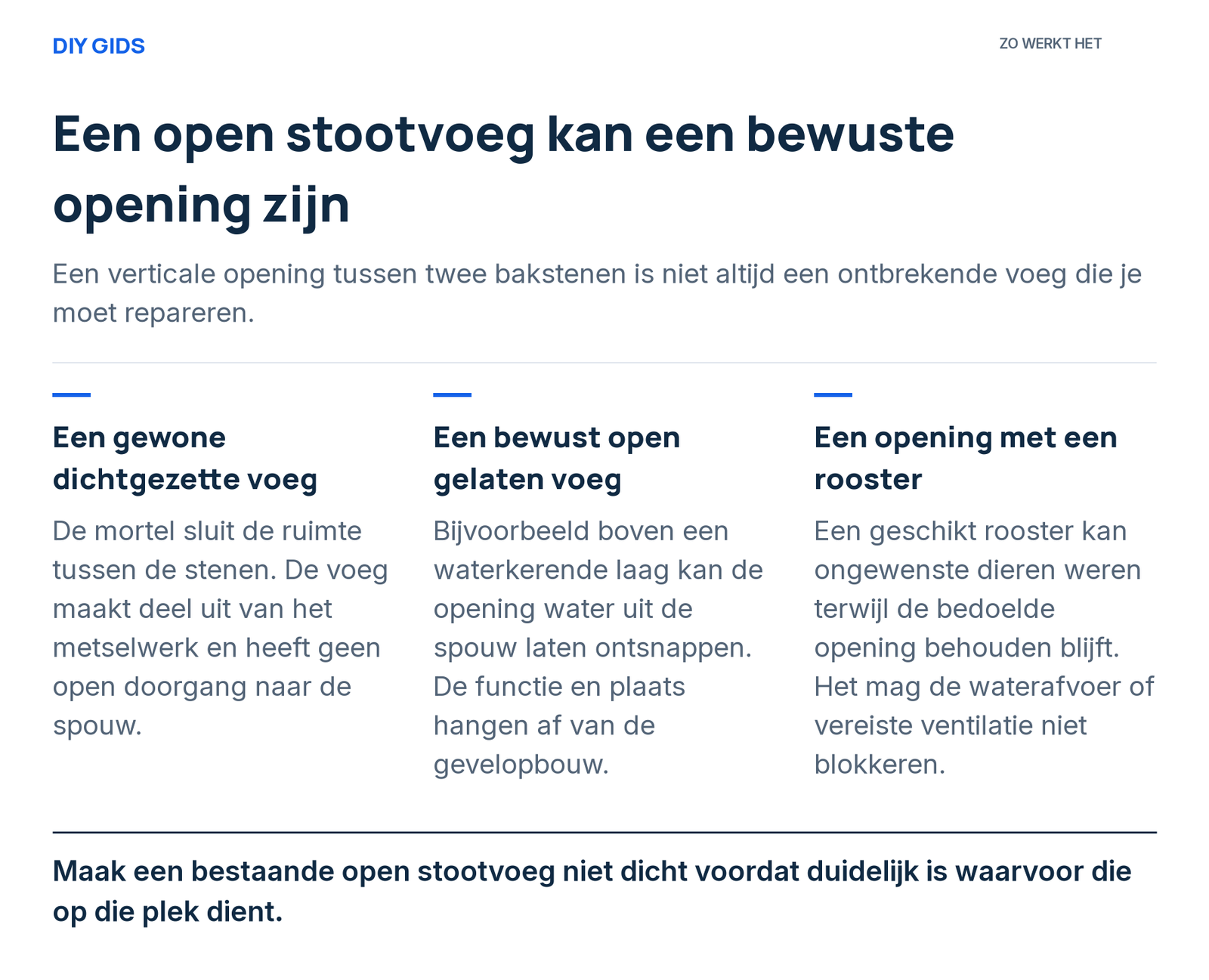Uitlegschema: een gewone dichtgezette voeg; een bewust open gelaten voeg; een opening met een rooster.