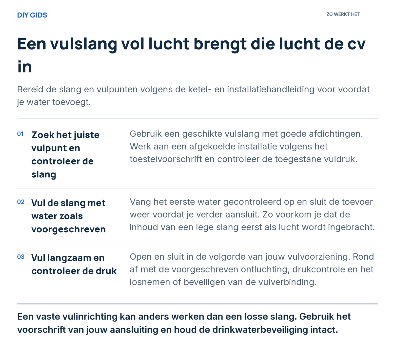 Stappenoverzicht: zoek het juiste vulpunt en controleer de slang; vul de slang met water zoals voorgeschreven; vul langzaam en controleer de druk.