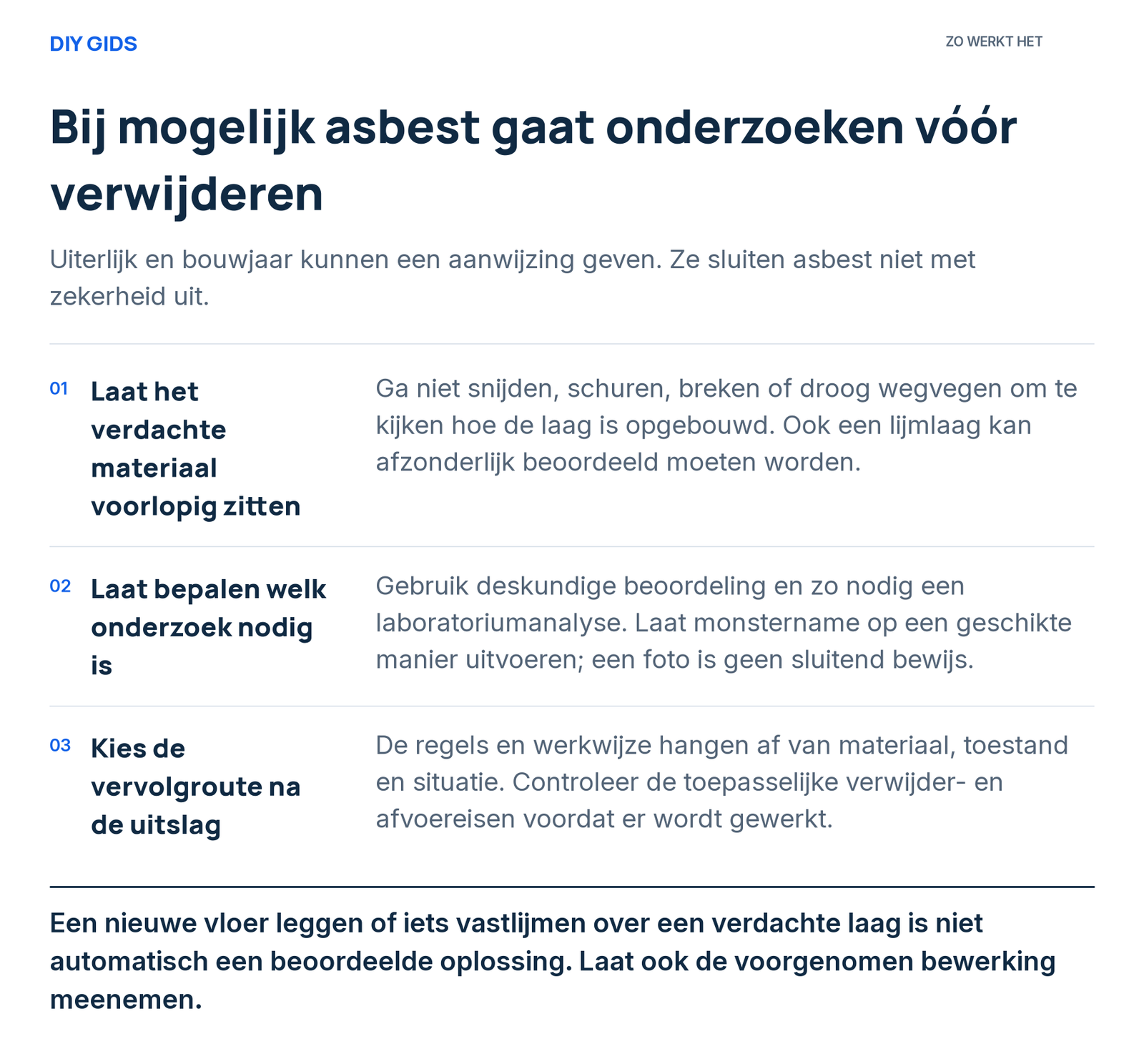 Stappenoverzicht: laat het verdachte materiaal voorlopig zitten; laat bepalen welk onderzoek nodig is; kies de vervolgroute na de uitslag.