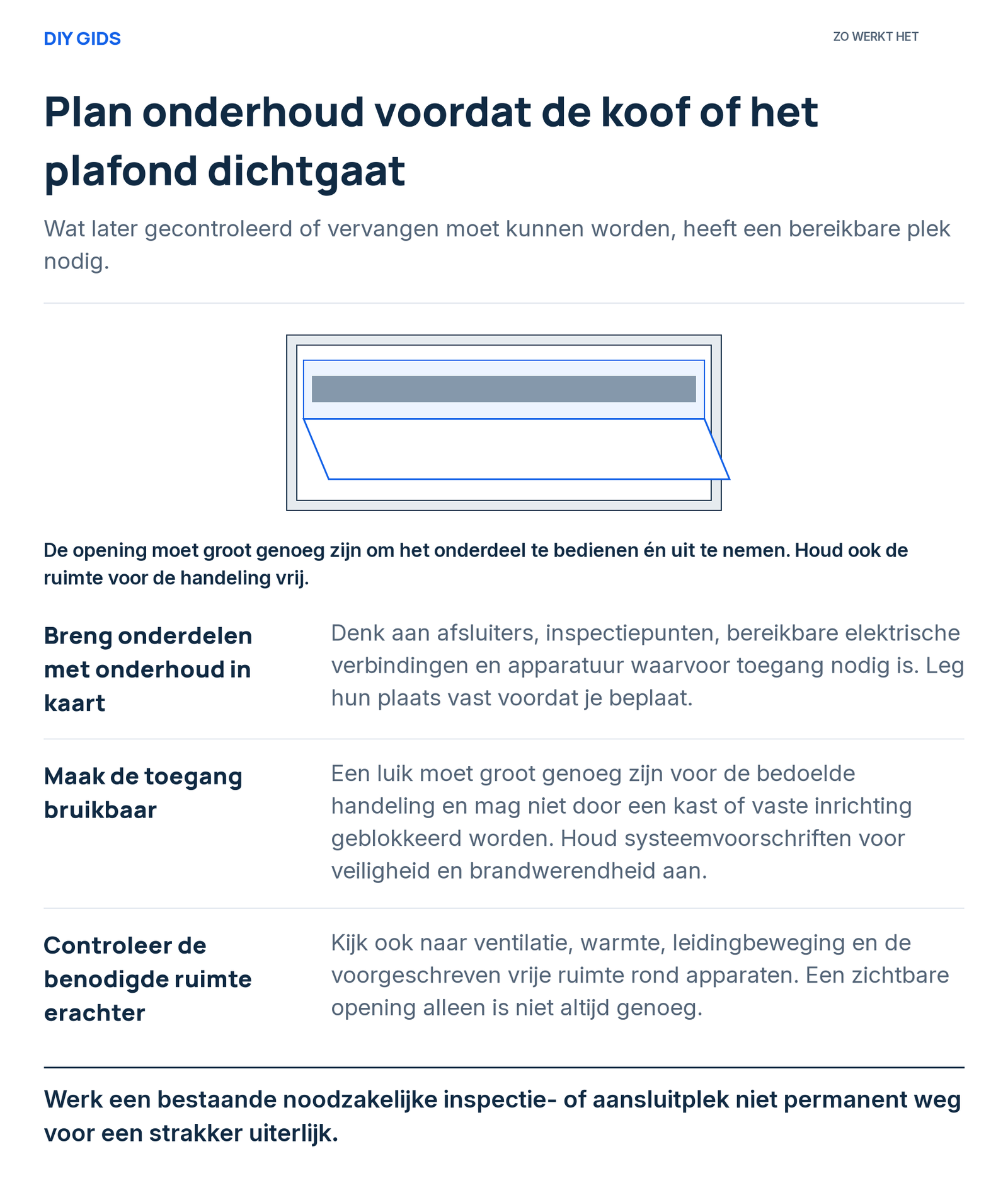 Uitlegschema: breng onderdelen met onderhoud in kaart; maak de toegang bruikbaar; controleer de benodigde ruimte erachter.